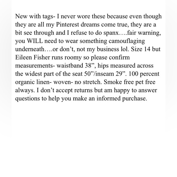 $178 New w tags Eileen fisher white organic linen wide leg trousers XL Large 14 - Picture 5 of 5